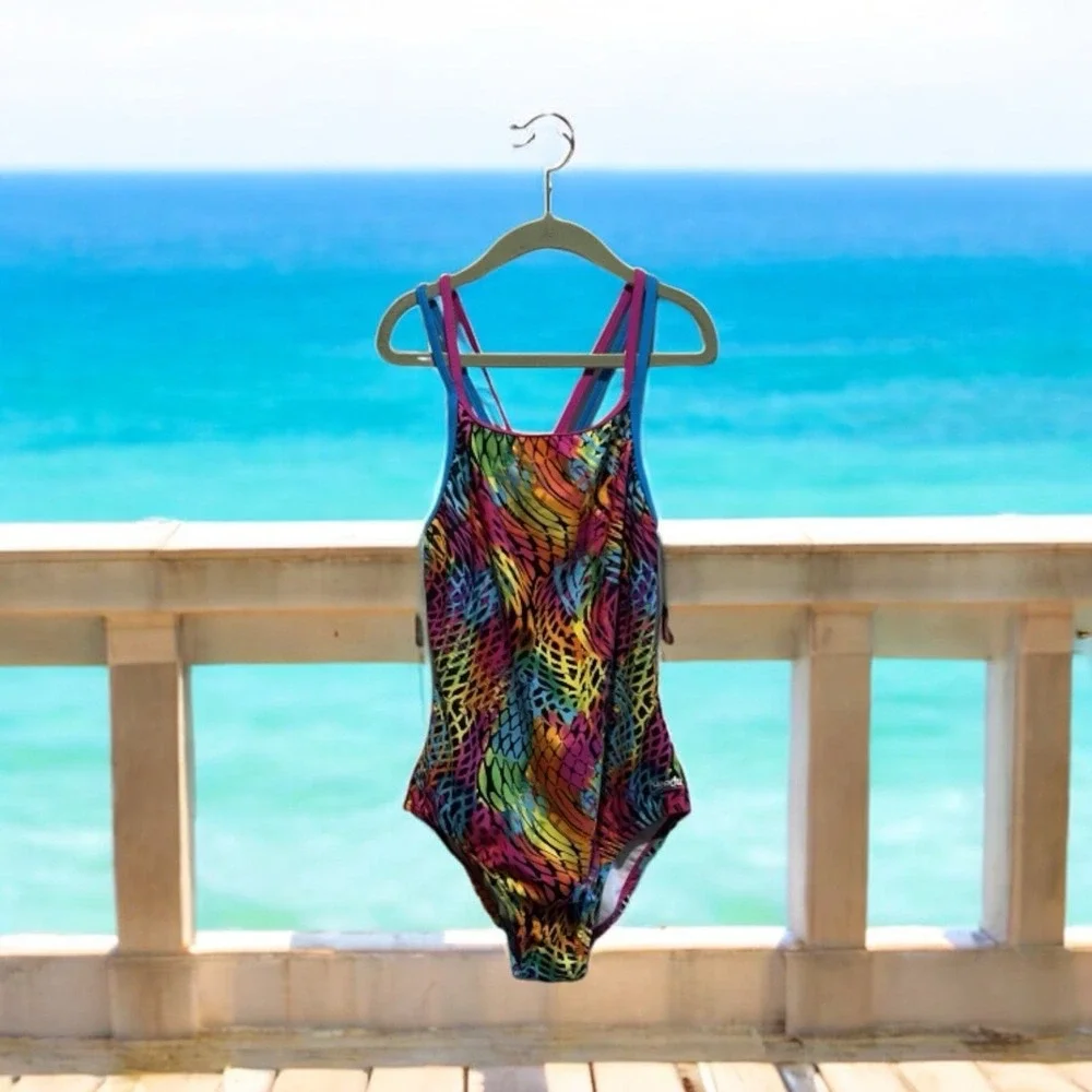 Speedo Girl's Swimsuit One Piece Multicolored Cross Back Multi Straps Size 14